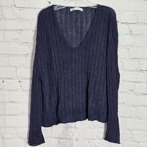 ZARA Knit Sweater Womens Size S Blue Ribbed V Neck Pullover Top Long Sleeve